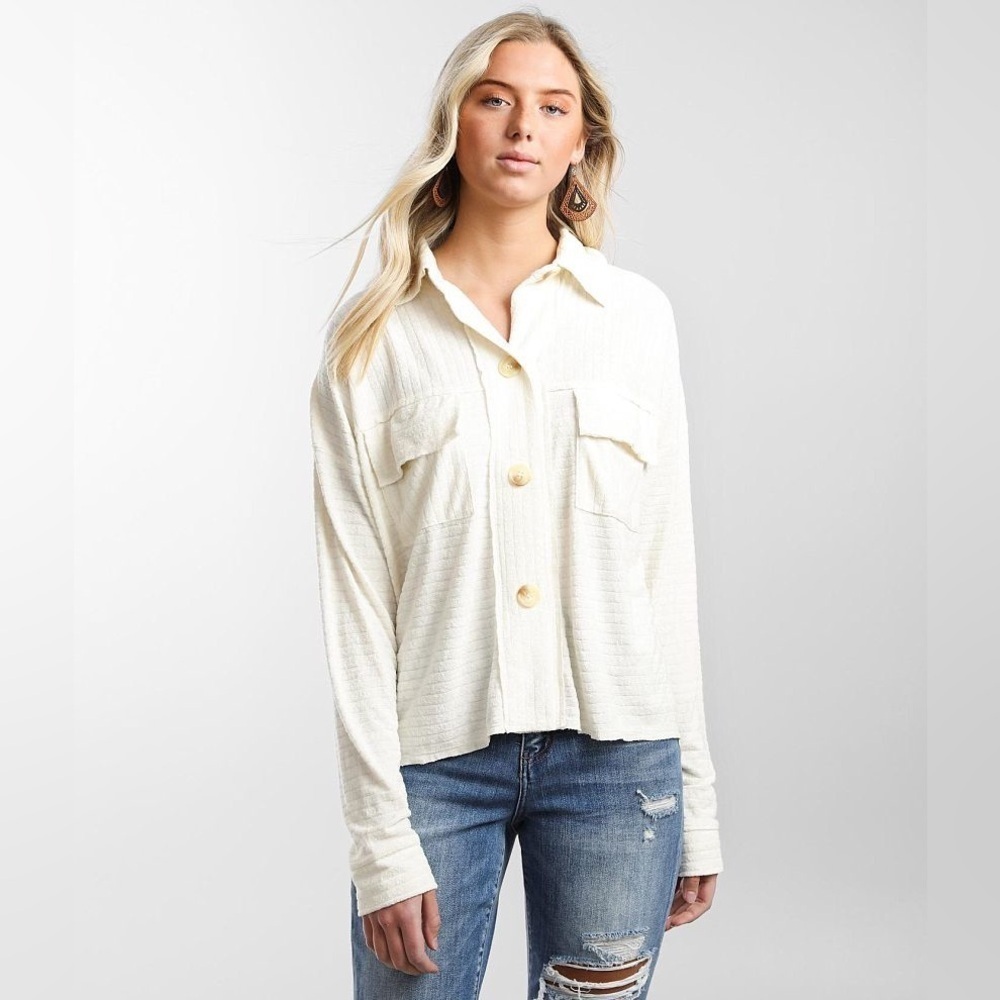 BKE Women’s Terry Cloth Button Down Long Sleeve in Parchment Ivory Size L